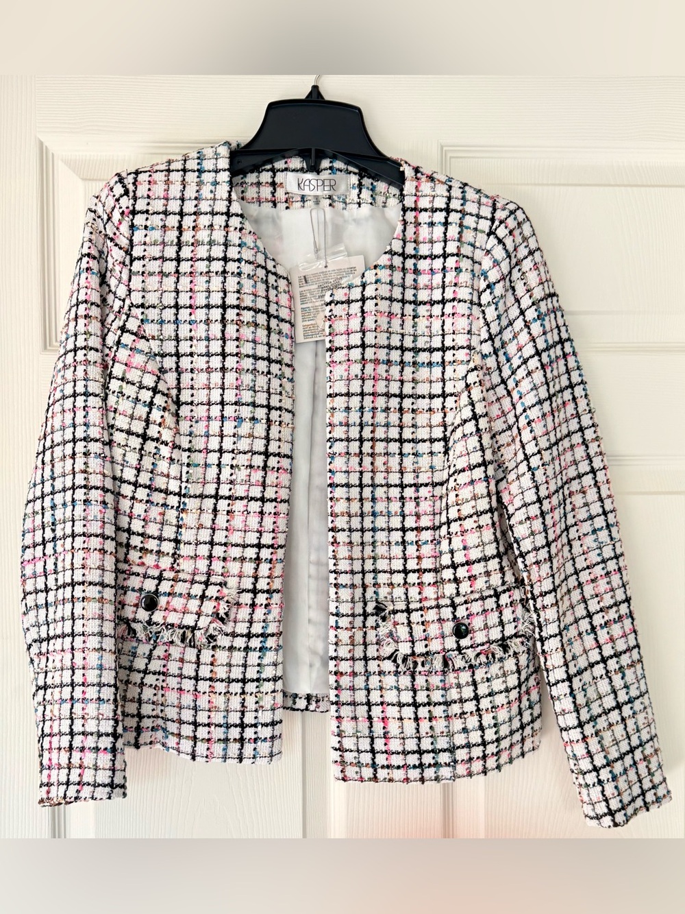 Kasper White Tweed Collarless Blazer with Multicolor Check NWT